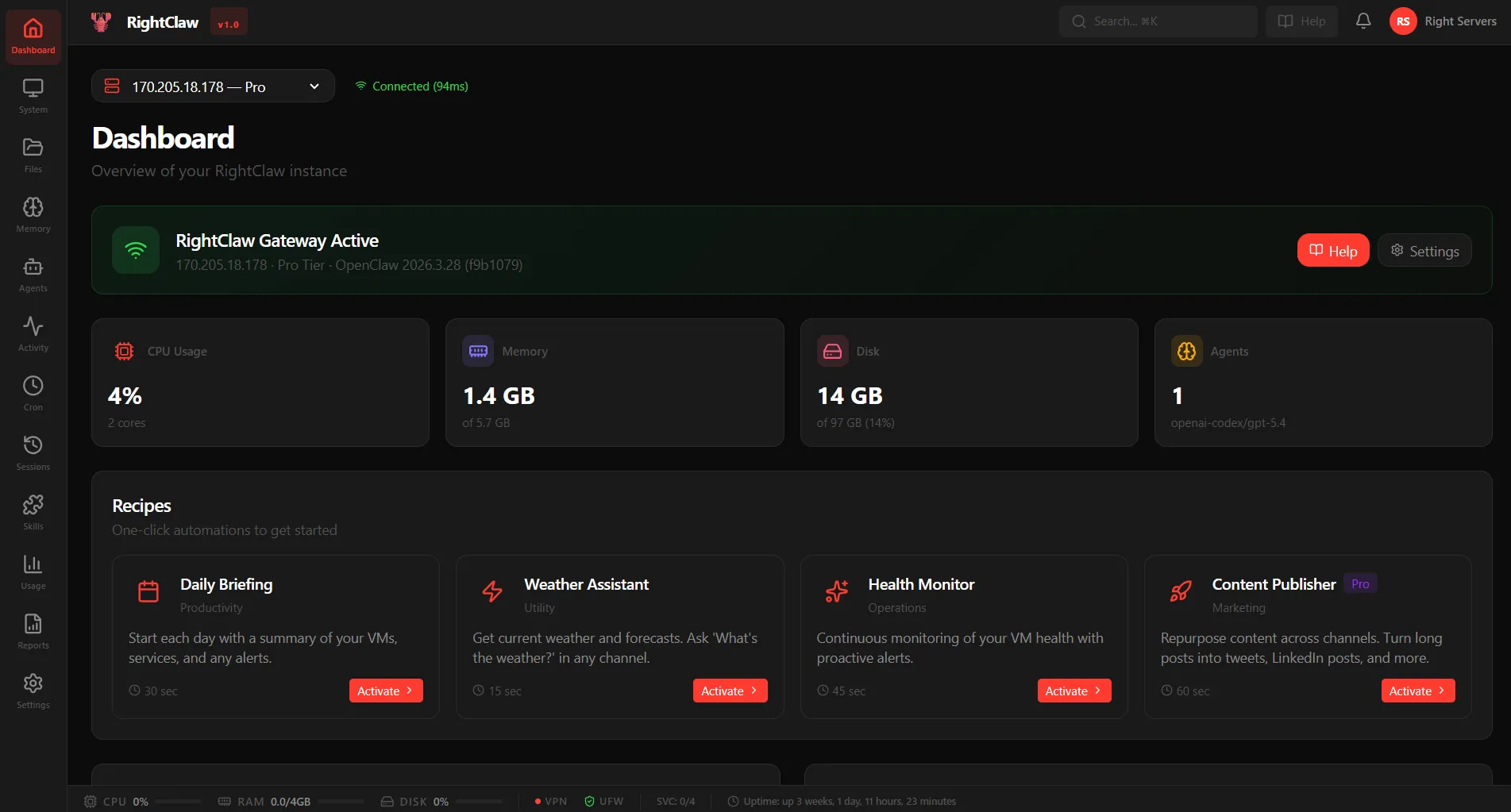 RightClaw operator dashboard preview showing agent status, recent activity, and resource usage