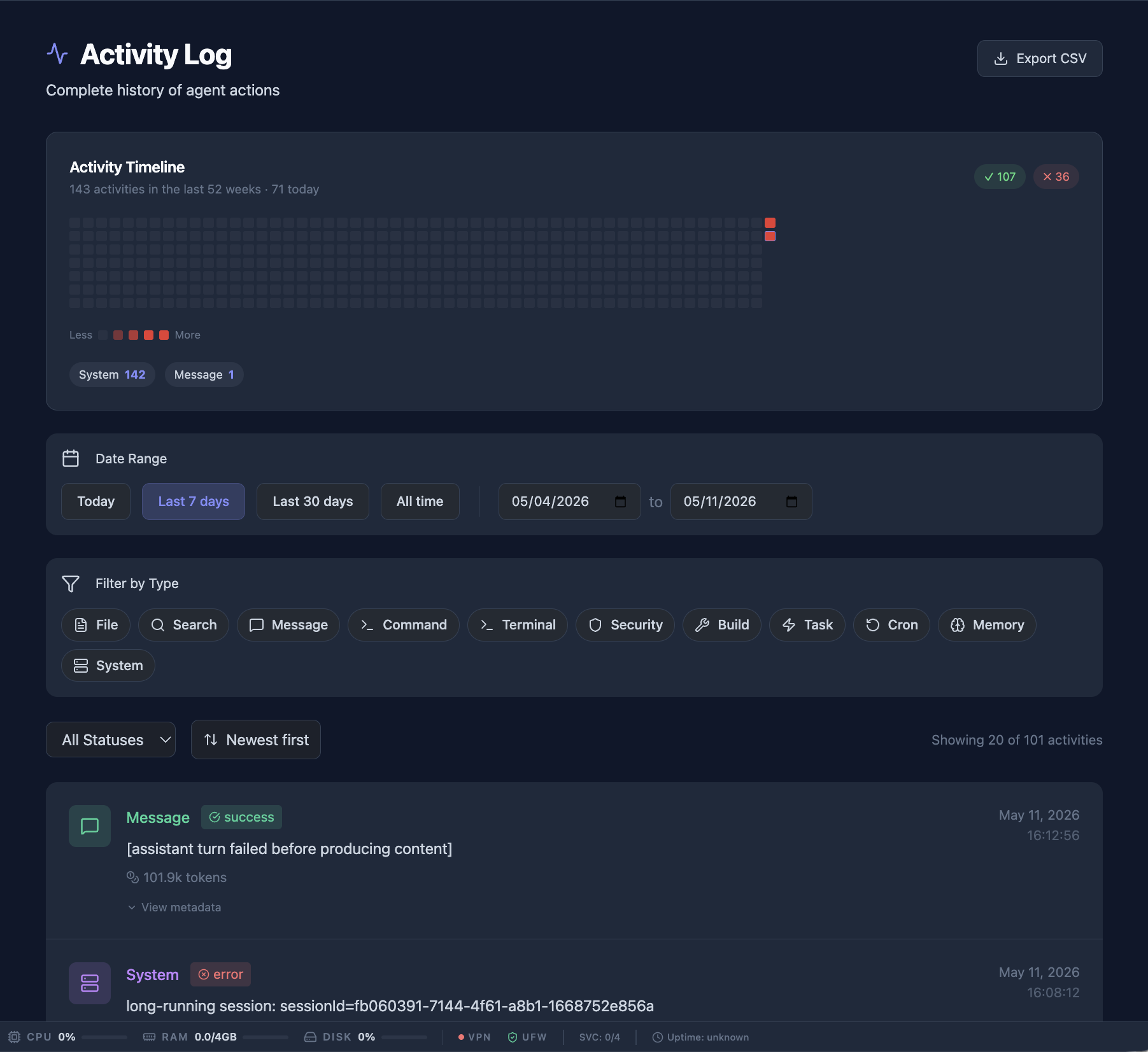 Activity log and health monitor timeline.