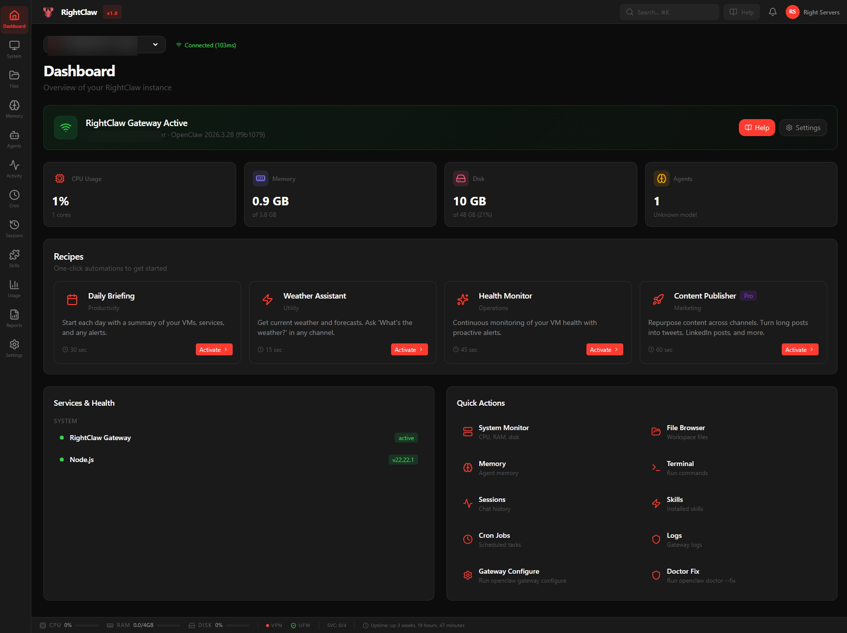 RightClaw live dashboard with system metrics and service health.