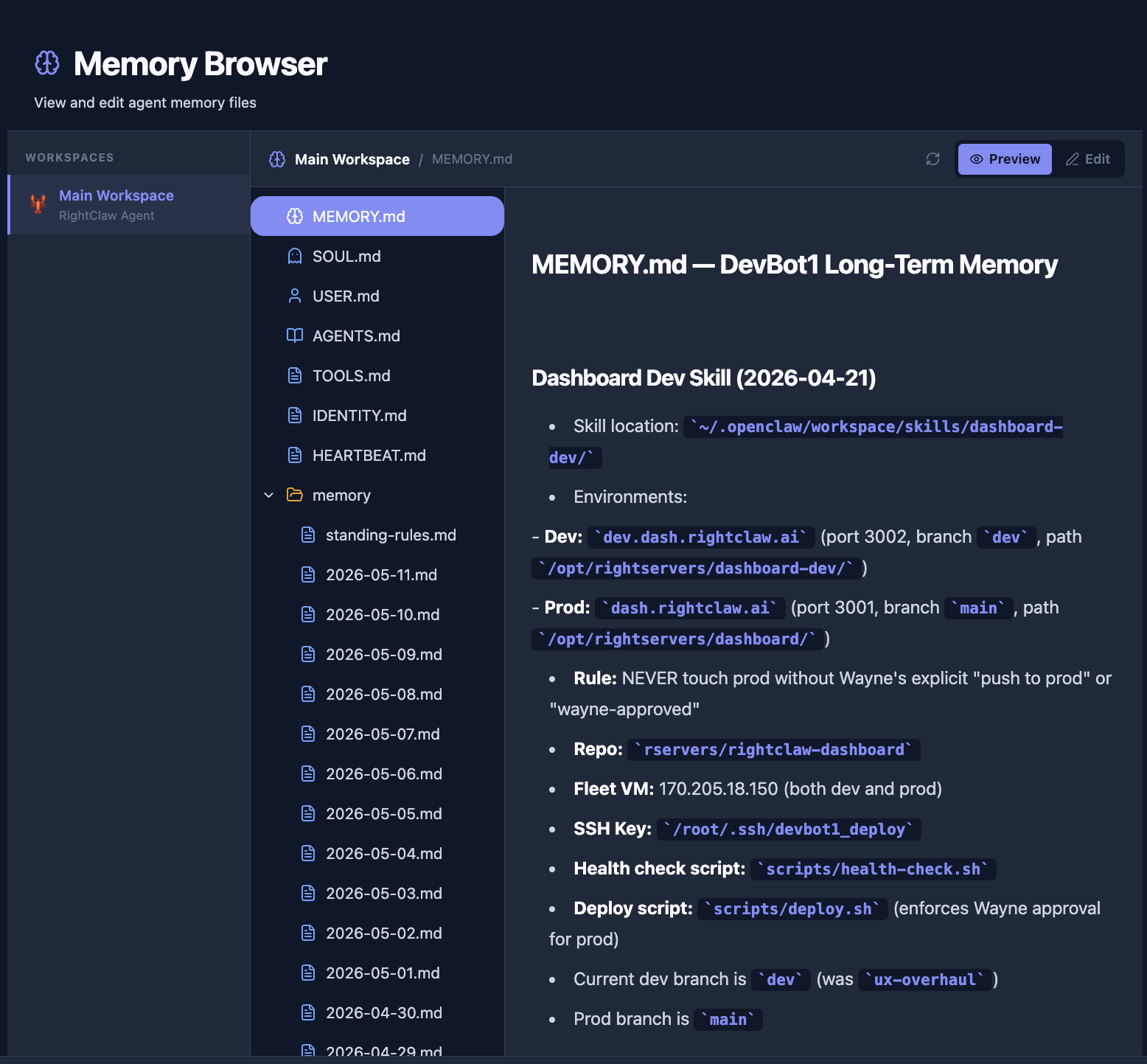 Agent memory and file browser interface.